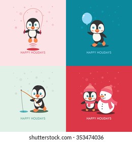Vector illustration of a cute cartoon penguin with various activities.