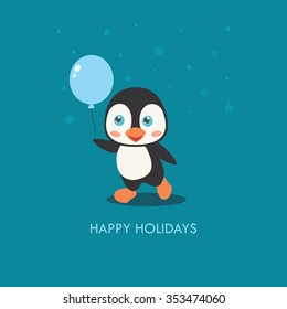 Vector illustration of a cute cartoon penguin with a balloon.