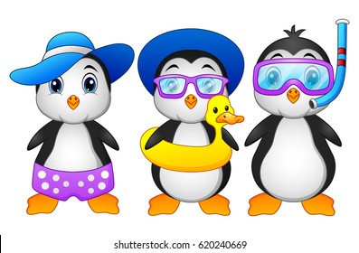 Vector illustration of Cute cartoon penguins in summer holiday