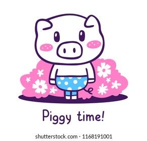 Vector illustration of cute cartoon pig standing with flower bush in blue pants with pink cheeks and text. Hand drawn flat style design of symbol of the new year 2019 for web, site, greeting card