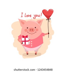 Vector illustration of cute cartoon pig with pink large heart and text i love you. Symbol of the new year 2019 for web, site, greeting card, valentine day poster