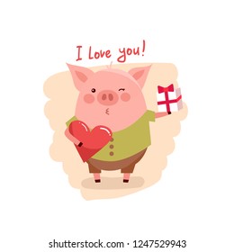 Vector illustration of cute cartoon pig with pink large heart and text i love you. Symbol of the new year 2019 for web, site, greeting card, valentine day poster