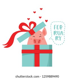 Vector illustration of cute cartoon pig getting out of a present box . Symbol of the new year 2019 for calendar, web, site, greeting card, valentine day poster. Vector illustration