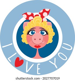 Vector illustration of cute cartoon pig with red heart and text i love you. Hand drawn line art style design of symbol for web, site, greeting card, poster