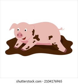 vector illustration of a cute cartoon pig lying in the mud.