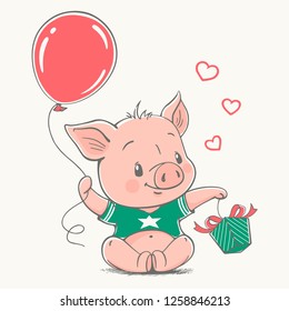 Vector illustration of a cute cartoon piglet, holding a red balloon, and a present in his hands.