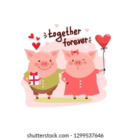Vector illustration of cute cartoon pigs couple and text. Symbol of the new year 2019 for web, site, greeting card, valentine day poster