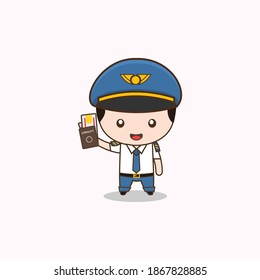 vector illustration. cute cartoon pilot holding passport and ticket