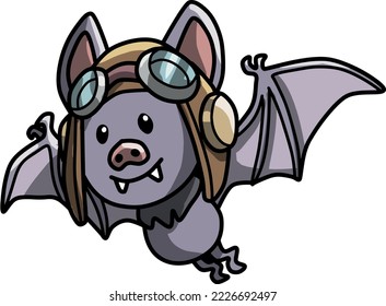 A vector illustration of a cute cartoon pilot bat in flight