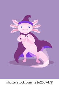 vector illustration with cute cartoon pink axolotl wizard in robe and magician hat for kids, cheerful shy monster mascot