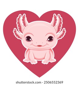 Vektorgrafik von niedlichen Cartoon rosa Axolotl im Herzen. Axolotl Liebhaber und Halter. Valentinstag. Clipart mit süßem Amphibien für Aufkleber und Banner.