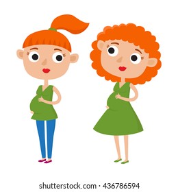 Vector illustration of cute cartoon pregnant woman in casual clothes in various poses isolated on white. Red-haired woman in green dress. Woman with pony tail in jeans and blouse. Elegant ladies.