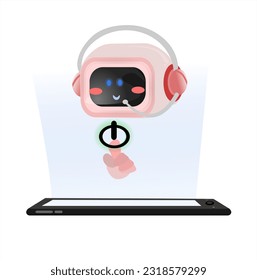 Vector Illustration cute cartoon press the power button on mobile.  characters chatting with robot, asking questions and receiving answers. AI assistant support and FAQ concept.Isolate background.