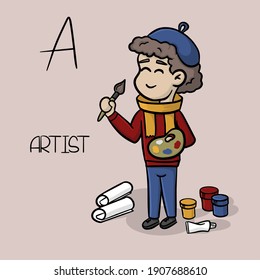 Vector illustration of cute cartoon professional alphabet. Letter A — artist