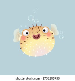 Vector illustration cute cartoon puffer fish on gray background.