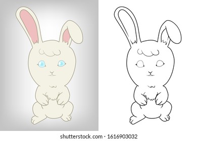 vector illustration of a cute cartoon rabbit in both colored and line art