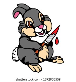 vector illustration of cute cartoon rabbit character holding a knife full of blood. Very suitable for stickers, packaging logos