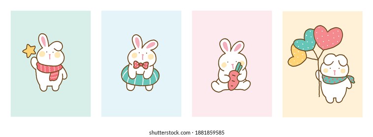 Vector Illustration of Cute Cartoon Rabbit Characters on Isolated Background