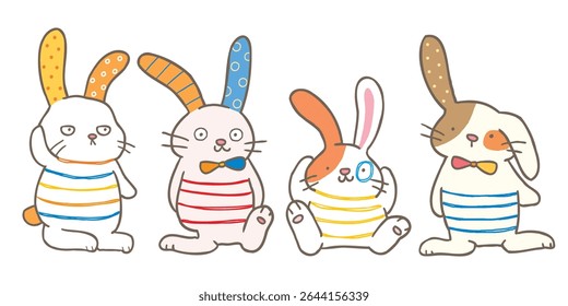 Vector Illustration of Cute Cartoon Rabbit Characters on Isolated Background. Hand Drawn Vector Illustration. Not AI Generated.