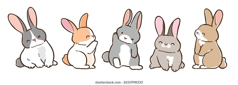 Ilustración vectorial de lindos personajes de conejo de dibujos animados sobre fondo aislado. Ilustración vectorial dibujada a mano. No se genera IA.