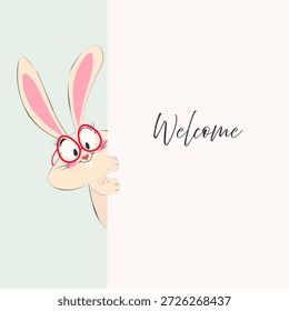 Ilustración vectorial de un lindo conejo de dibujos animados asomándose desde el lado con la palabra "Bienvenida" y el espacio de copia Grande sobre un fondo pastel.