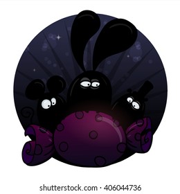 Vector illustration of cute cartoon rabbit, mouse and beaver stealing candy