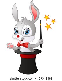 Vector illustration of Cute cartoon Rabbit in a magic hat with a magic wand