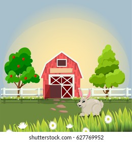 Vector illustration of a Cute cartoon rabbit on farm with fruit trees and chamomiles. Farm animals collection