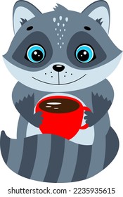 vector illustration of a cute cartoon raccoon with a cup