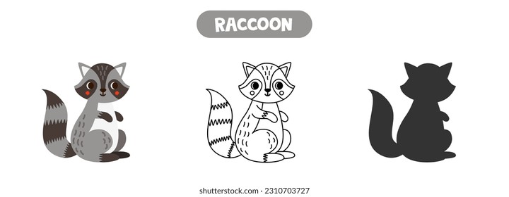 Vector illustration of cute cartoon raccoon. Coloring page. Vector silhouette.