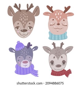vector illustration of cute cartoon reindeer faces good winter reindeer