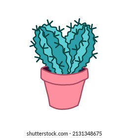 Vector illustration with cute cartoon retro cactus with heart shape in pink pot isolated on white background in handdrawn style. Perfect for saint Valentine day celebration