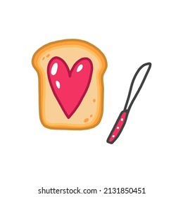 Vector illustration with cute cartoon retro toast of bread with sweet jam in heart shape isolated on white background in handdrawn style. Perfect for saint Valentine day celebration