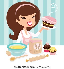 A vector illustration of a cute cartoon retro housewife or girl who enjoys baking.