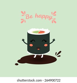 Vector illustration of a cute cartoon roll, sushi. Japanese food. Greeting card with text, template. Eps 10
