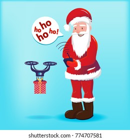 Vector illustration of cute cartoon Santa Claus controls drone. Santa Claus on a blue background element for use - Sale sign, flyer, poster, shopping, card.