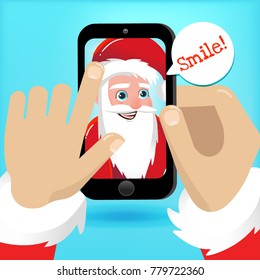 Vector illustration of cute cartoon Santa Claus take selfie. Santa Claus on a blue background element for use -App, Social, business, concept, flyer, poster, shopping, card.