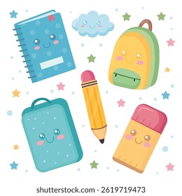 Vector illustration of cute cartoon school supplies including notebook, pencil case, pencil, eraser and backpack with smiling faces scattered on white background with stars and cloud.