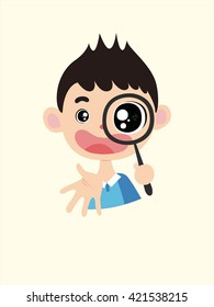 Vector Illustration: A cute cartoon school boy with a magnifier in his hand, wearing a blue and white T-shirt, laughing