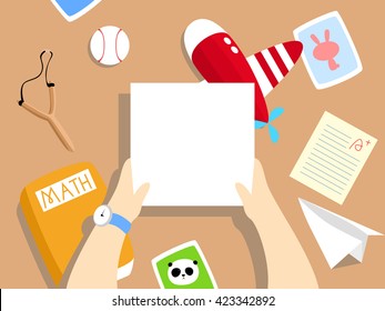 Vector Illustration: A Cute, Cartoon School Boy's Desk With Toy Plane, Paper Plane, Test Paper, Math Textbook, Photos, Baseball, Slingshot On It. A Blank Paper / Card Is Held By A Child's Hands.