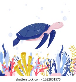 Vector illustration of a cute cartoon sea turtle with sea woods and plants. Sea and ocean animal, for children's room prints, clothes patterns, cards