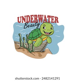 Vector illustration of a cute cartoon sea turtle swimming in the deep blue ocean.