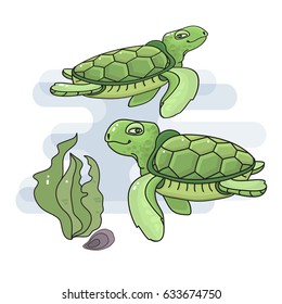 Vector illustration of a cute cartoon sea  turtle. Green turtles underwater.