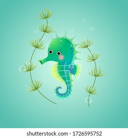 Vector illustration cute cartoon seahorse underwater in the sea.