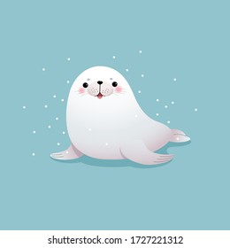 Vector illustration cute cartoon seal with snowflakes on blue background.