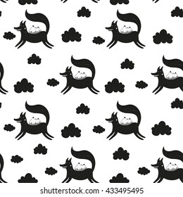 Vector illustration with cute cartoon seamless pattern. Running fox with mountains, pine trees and clouds. Black and white doodle style print design, childish ink background with animal
