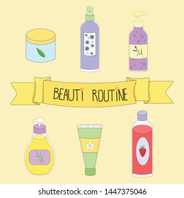 Vector illustration. Cute, cartoon set of cosmetics. Hand drawn makeup set for skincare. Light yellow background. 