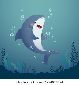 Vector illustration cute cartoon shark in the deep blue water.