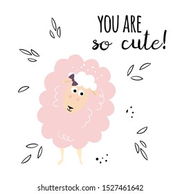 Vector illustration with cute cartoon sheep, text and decorative elements. Card design template