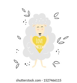 Vector illustration with cute cartoon sheep, heart with love you text and decorative elements. Card design template